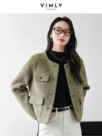 VIMLY Women's Woolen Cropped Jacket Elegant Short Blazer Autumn Winter Office Lady Coat Long Sleeve Simple Outerwear M5555