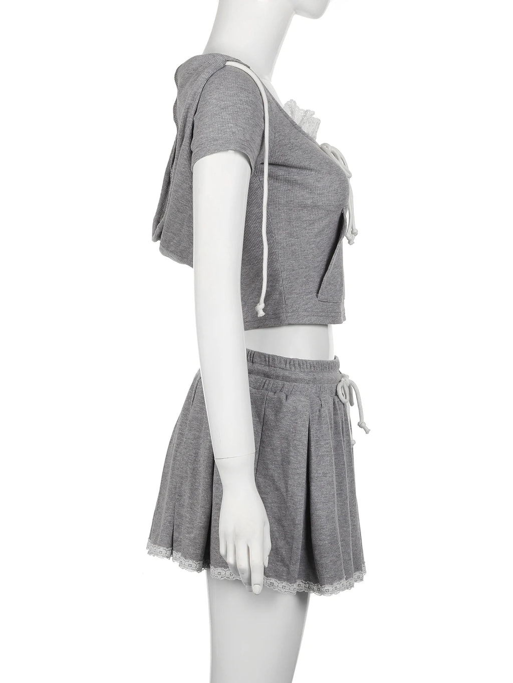 Kpop IAMSURE Casual Basic Dress Set Women Slim 2 Piece Sets Hooded Short Sleeve Cropped T Shirt Mid-Waisted A-Line Skirts Women 2024