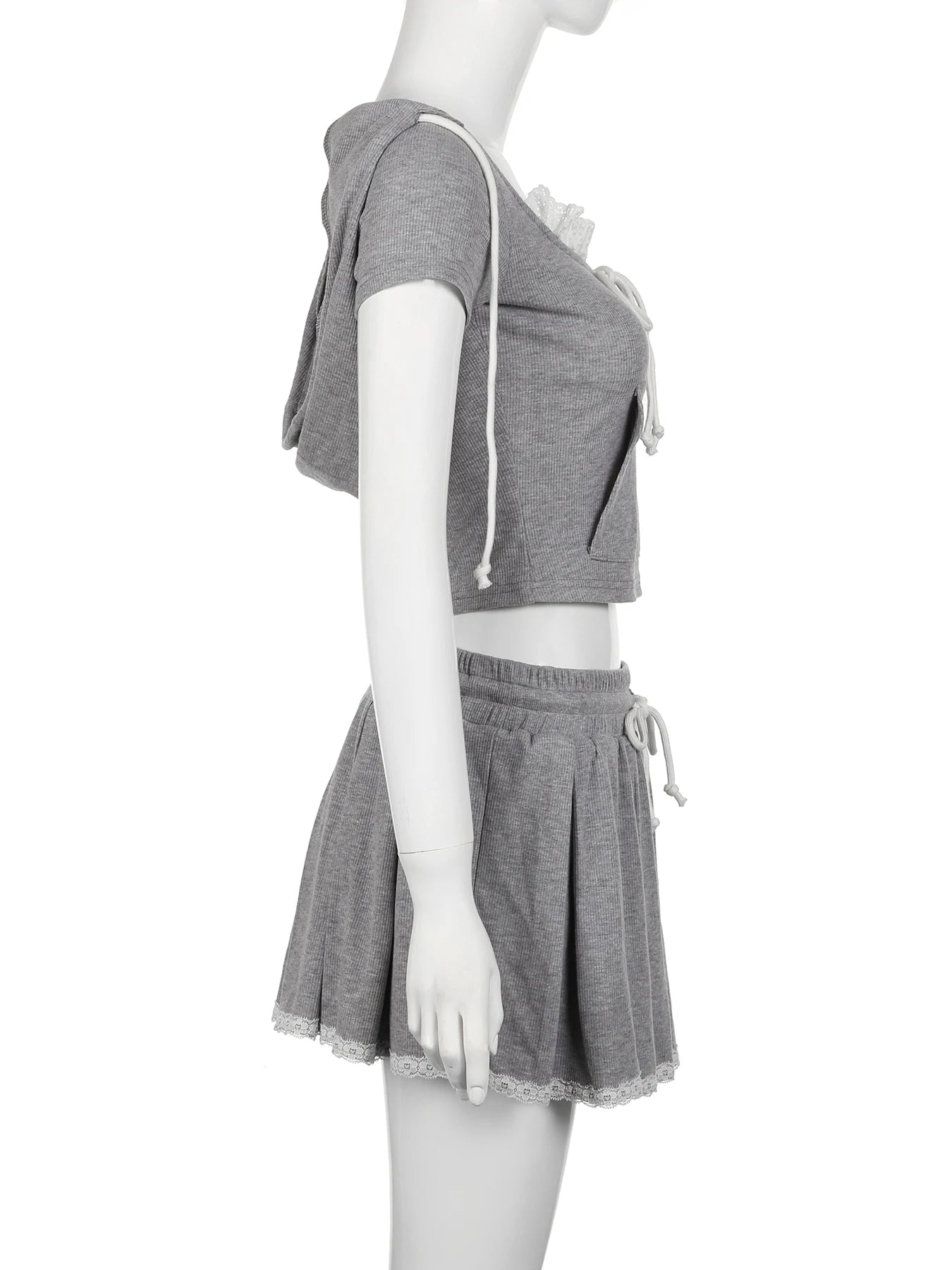 Kpop IAMSURE Casual Basic Dress Set Women Slim 2 Piece Sets Hooded Short Sleeve Cropped T Shirt Mid-Waisted A-Line Skirts Women 2024