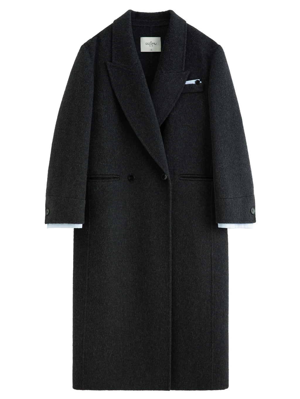 Temperament Turn Down Collar Long Woolen Coat Straight Shoulder Pure Wool Coat European Style Commuting Elegant