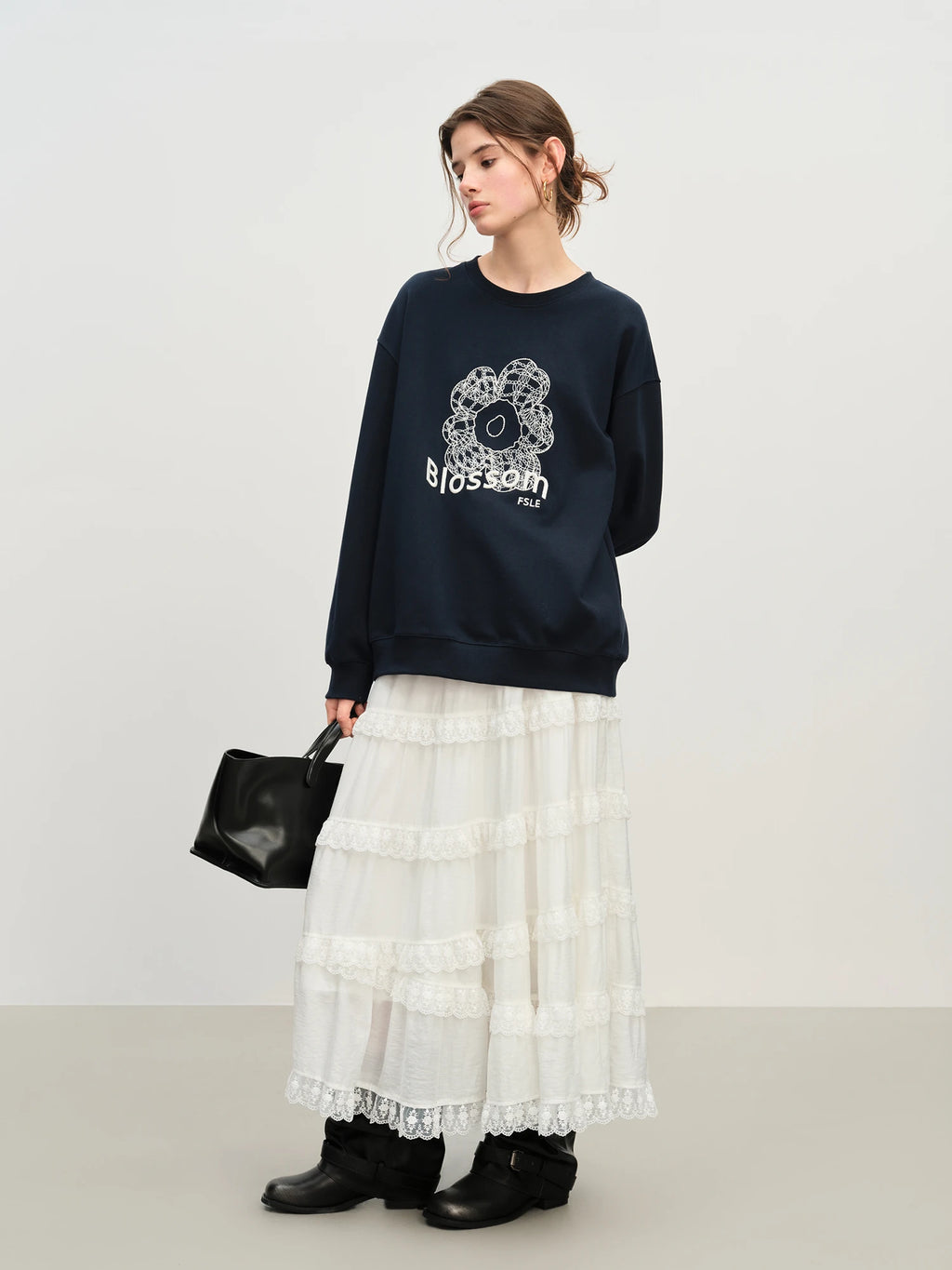 FSLE Winter 2025 Women's Embroidered Lace A-Line Tiered Skirt - Heavy Craft French Style Slimming Midi Dress for Office Casual