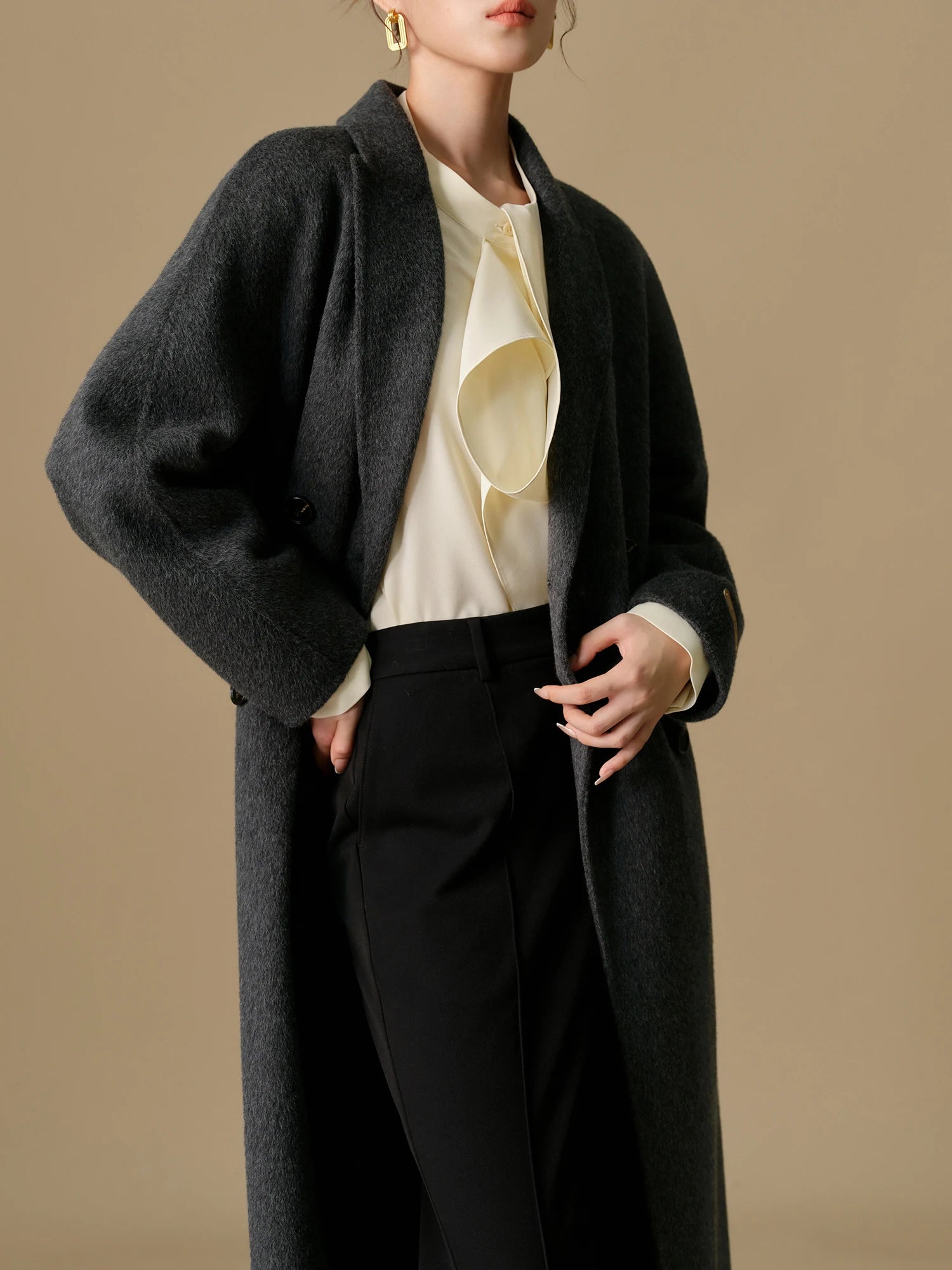DUSHU 94.5% Sheep Wool Plus Size Grey Long Coat For Women 2024 Winter New Design Fashion Warm Long Woolen Coat Jacket 24DH84035