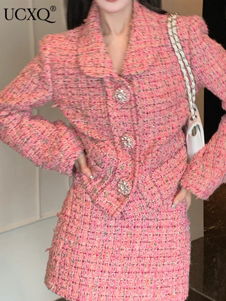 UCXQ Elegant Women's Sets Korean Style Lapel Color Blocked Woven Tweed Jacket Short Skirt Two-piece Set 2024 Spring Autumn C2331