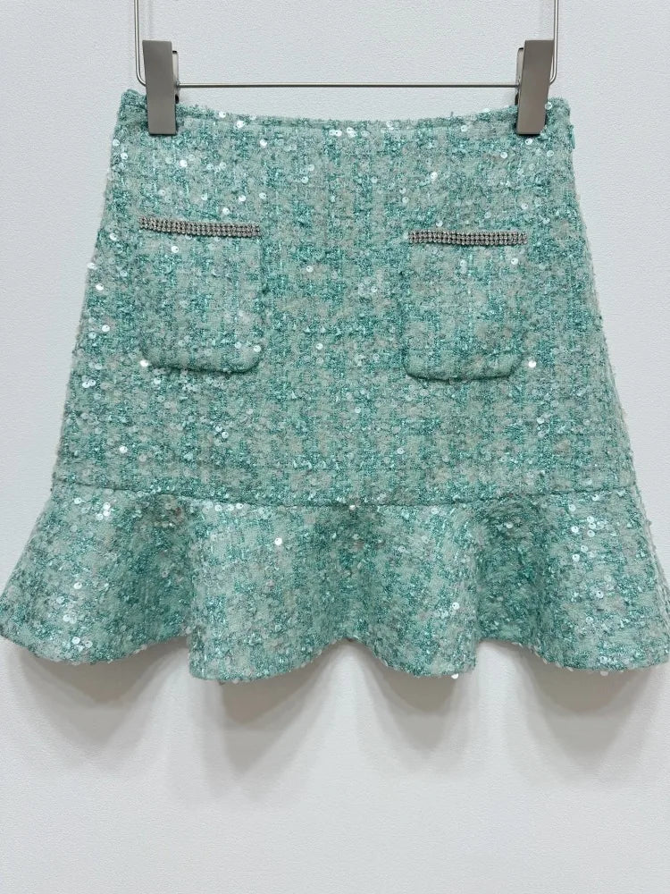 Autumn Winter Coarse Tweed Green Feather Sleeves Sequin Two Piece Set Women Jackets Coats Fishtail Short Skirts 2pcs Outfits