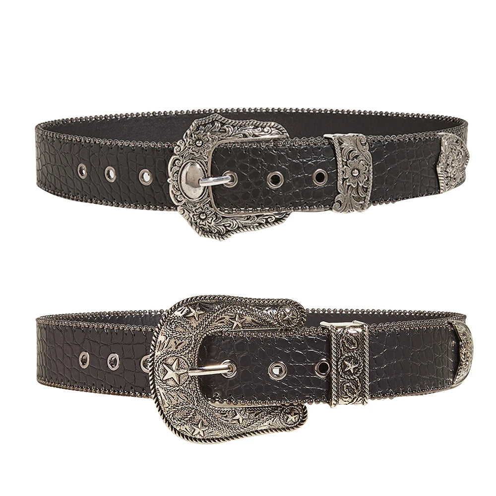 Fashion Gothic Pu Belt for Women Alloy Buckle Jeans Waist Strap Luxury Design Stone Pattern Female Jeans Waistband Y2k Accessory