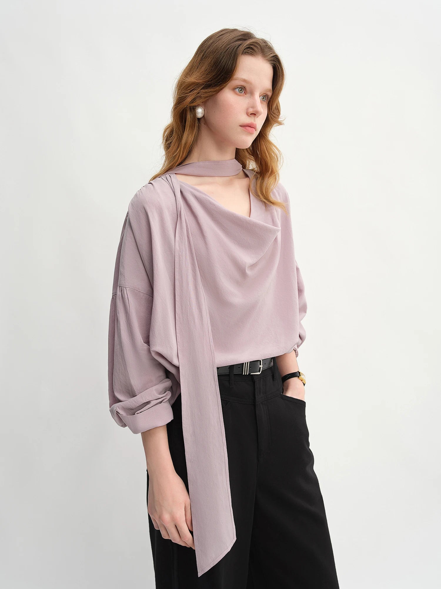 DUSHU Autumn 2025 Women's Drop Shoulder Top - Moonlight-inspired Ribbon Trim Lyocell Blend Elegant Loose Fit Casual Blouse