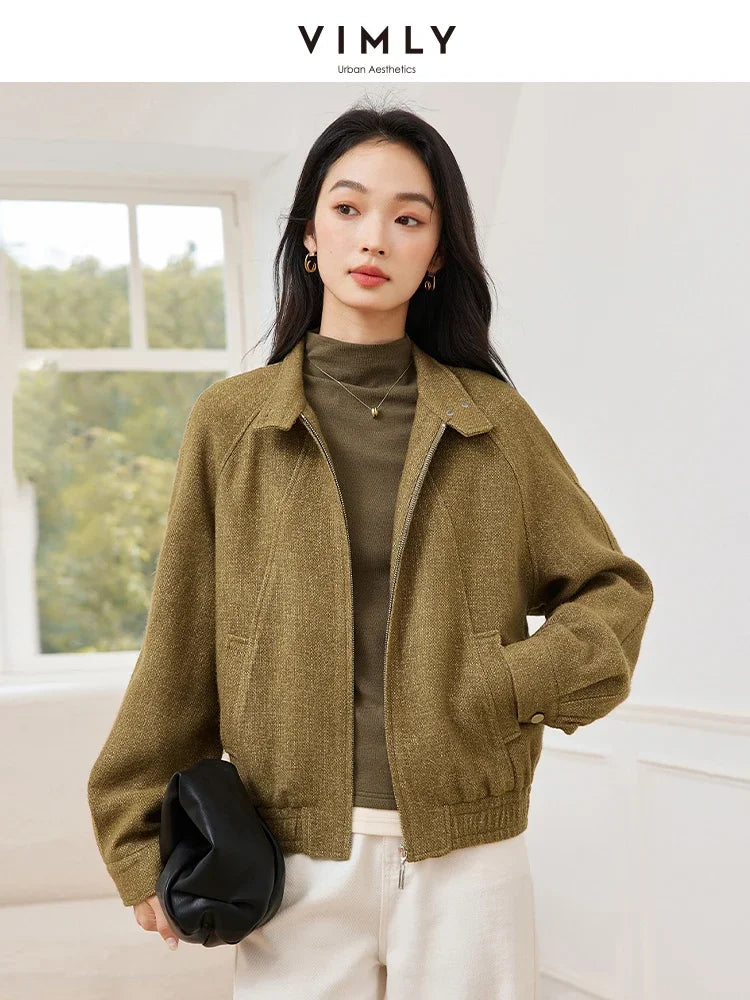 VIMLY Women's Simple Tweed Short Jacket Coat Autumn Winter Lapel Neck Zipper Fashion Casual Slim Office Lady Outwear Warm Coat