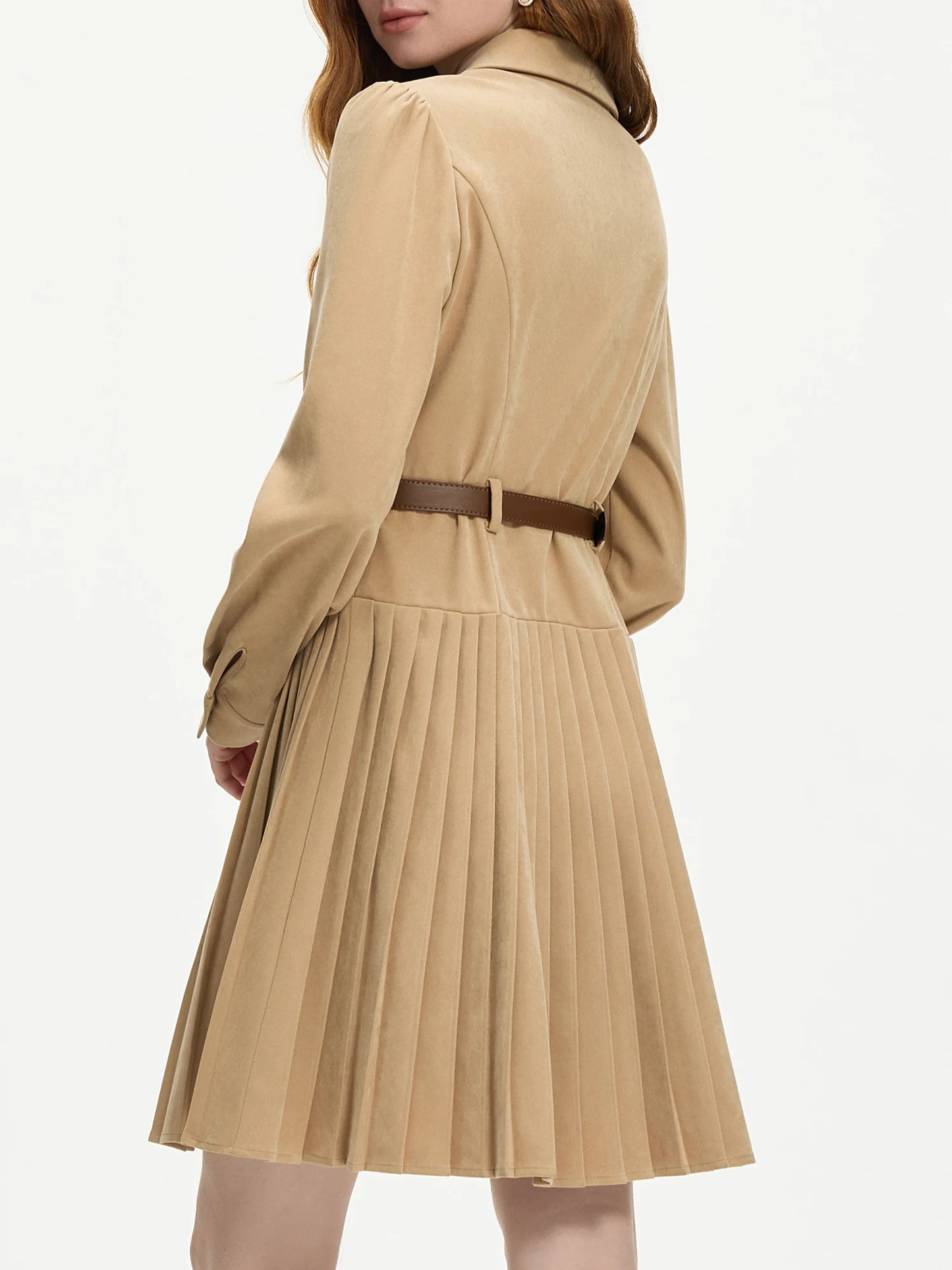 FSLE Women Long Sleeve Dress Polo Neck Puff Sleeve Pleated Knee-Length Dresses Office Lady Winter New Khaki Dress 24FS14466