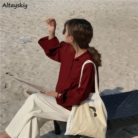 Burgundy Shirts Women Vintage Single Breasted Long Sleeve Baggy Preppy Style Fashion Simple Beach Holiday Korean Retro Oversize