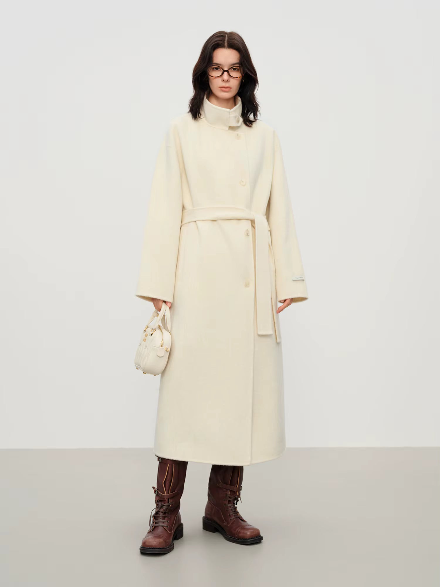 2025 New Women's Elegant Stand Collar 100% Wool Double-Faced Long Coat Diamond-Shaped Tailoring Autumn Winter Outerwear