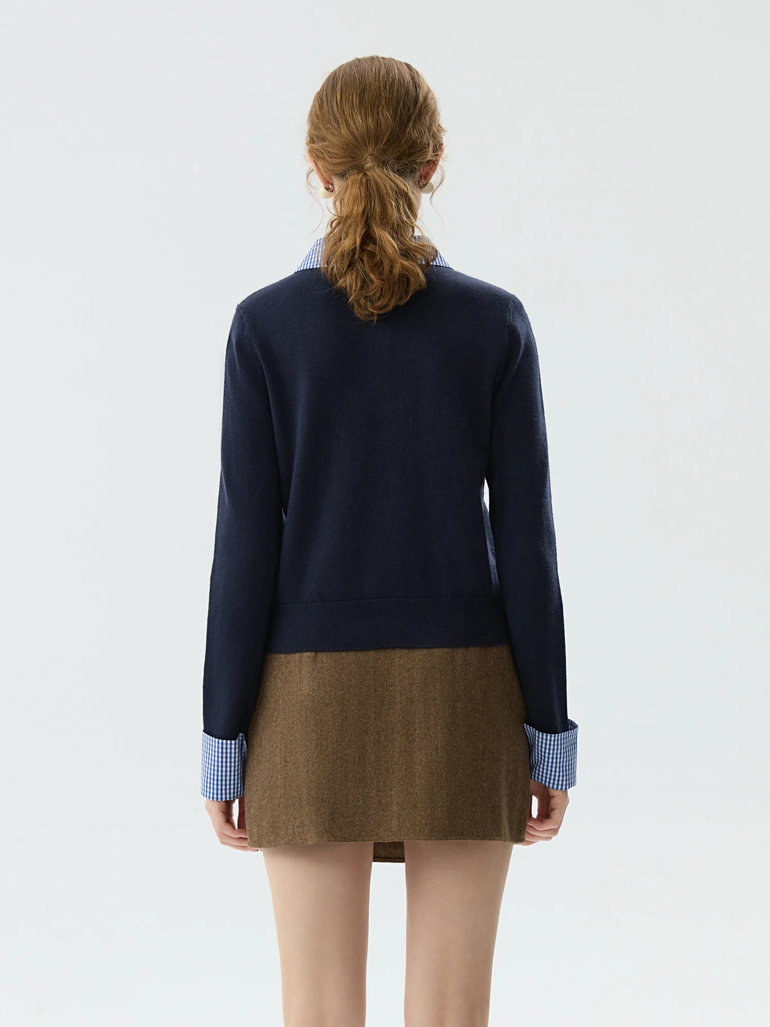 FSLE Women Fake Two Design Sweaters Patchwork Polo Neck Female Navy Blue Short Pullover Sweater Grey Casual Knit Top 24FS14729