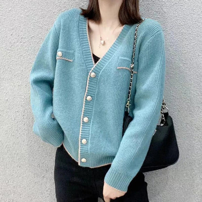 Women's Sweater Winter Button Blue V-neck Knit Tops for Woman Cardigan Red New Knitwear Y2k Vintage in Promotion Korean Style