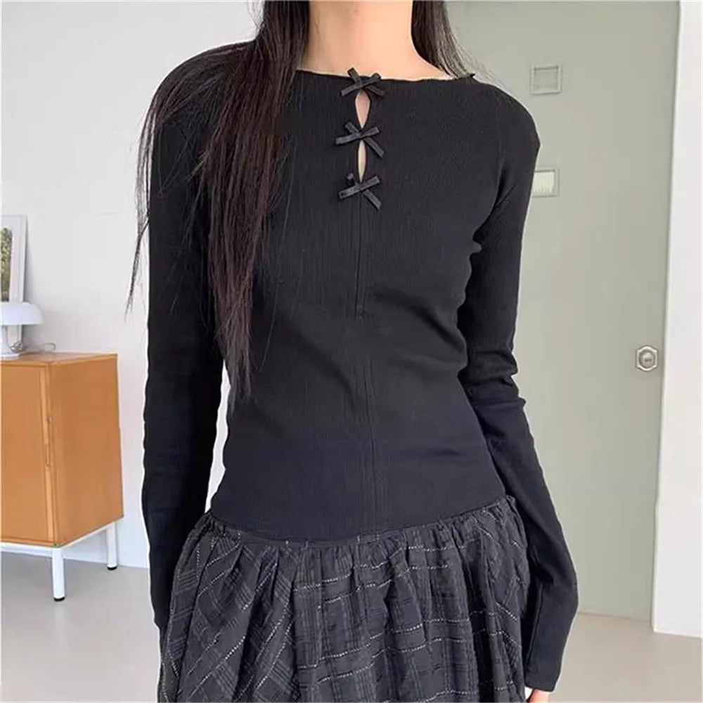Bow Hollowed Out Sweet T-shirt 2024 Summer Slimming Long Sleeved T-shirt Women Blouses Korean Spicy Girl Bottoms Y2k Korean Tops