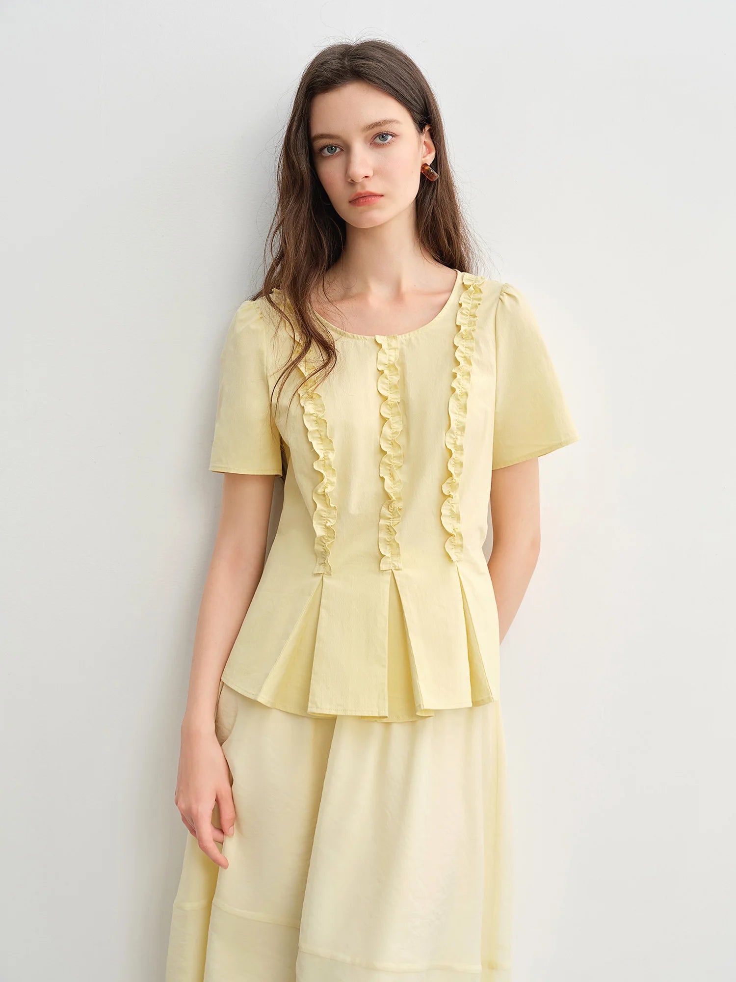 DUSHU Plus Size Women Sweet Youthful 2025 New Model Pleated Waist-Defining Slimming Round Neck Shirt Tops