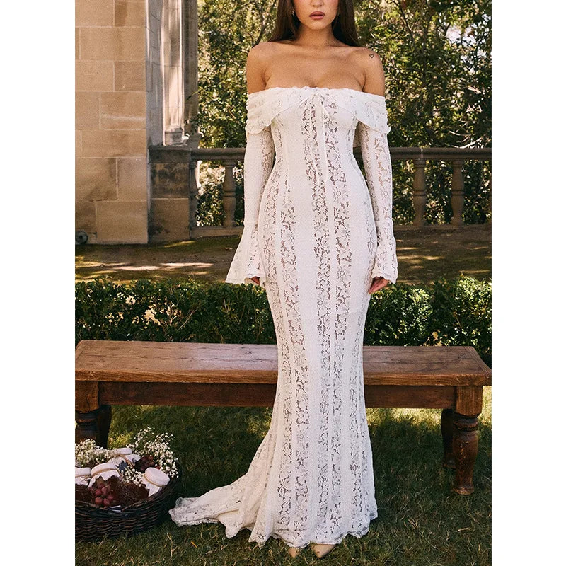 Elegant Off-Shoulder Lace Maxi Dress with Flared Sleeves and High-Low Hem