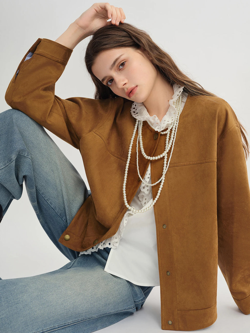 DUSHU Lace Hollow-out White Shirt 2025 Autumn New V-neck Top Elegant Temperament Stylish Office Lady Commuting Korean Style