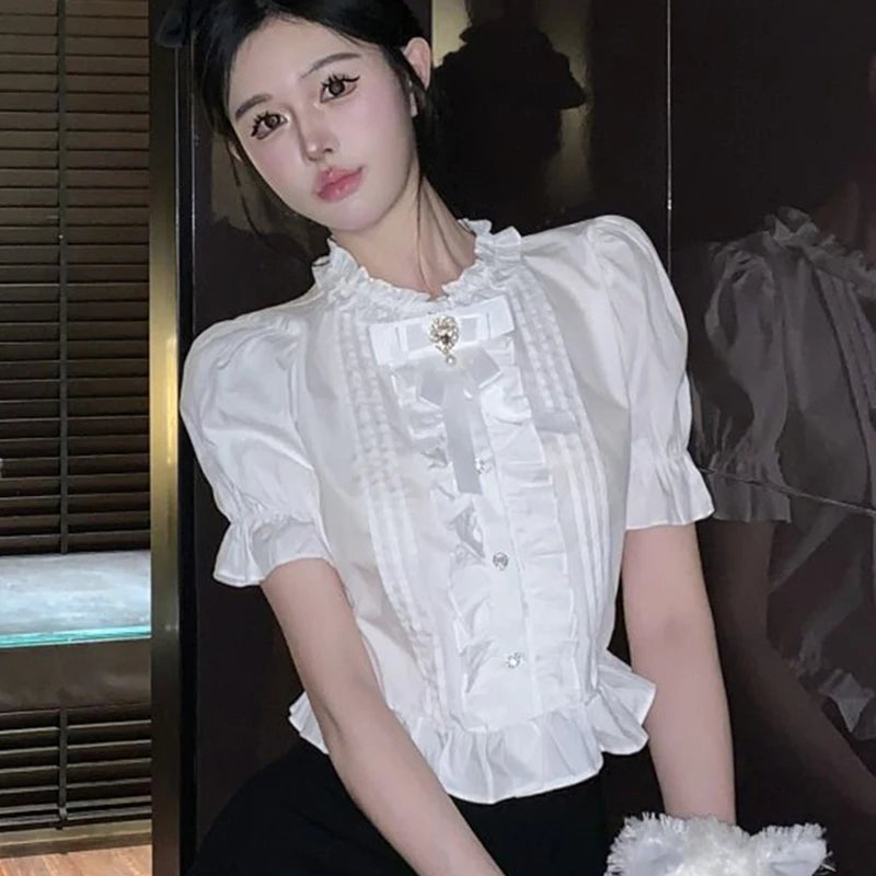 Gidyq White Elegant Shirt Women Summer Sweet Cute Puff Sleeve Crop Top Korean Ruffles Chic Slim Vintage Office Ladies Blouse New