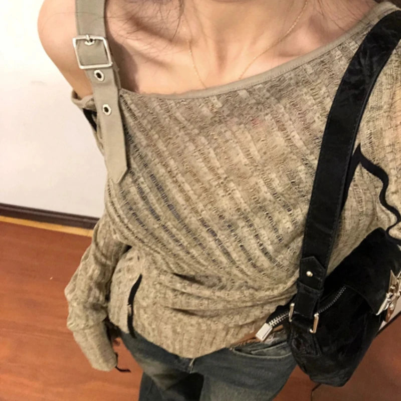 Deeptown 2000s Aesthetic Vintage T-shirts Women Sexy Y2k Punk Gyaru Long Sleeve Crop Streetwear Asymmetrical Top Slash Neck Tee