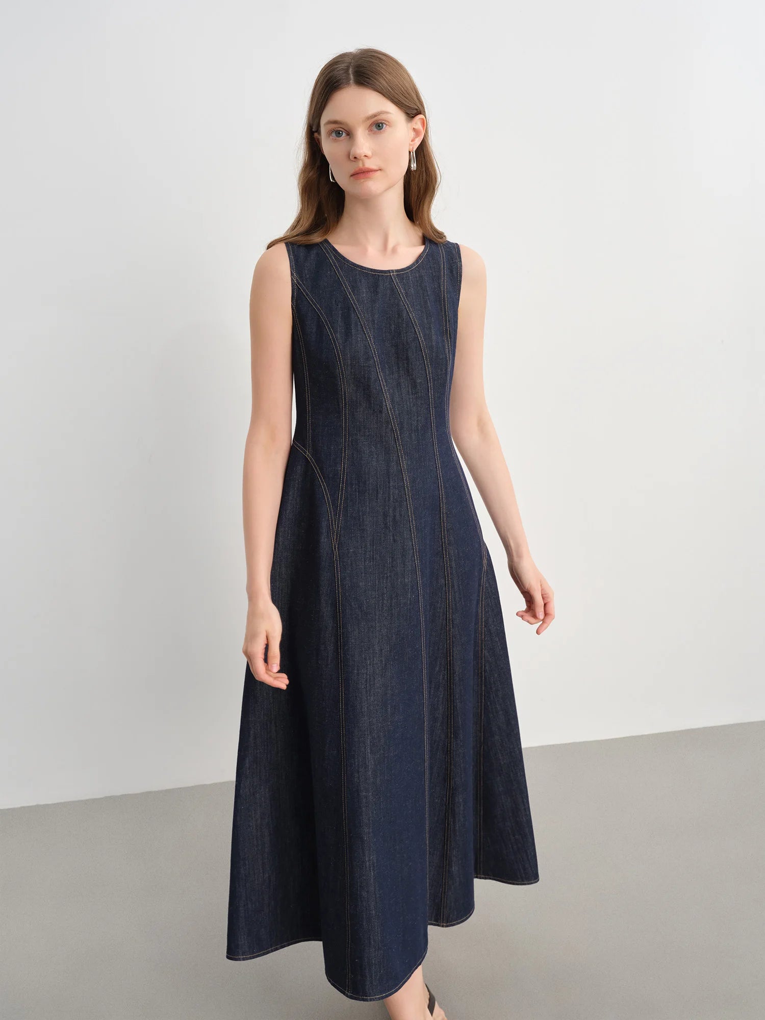 DUSHU Plus Size Denim Dress Women Summer Lyocell Tencel Breathable Slim Vest Dress Line Carved Dress