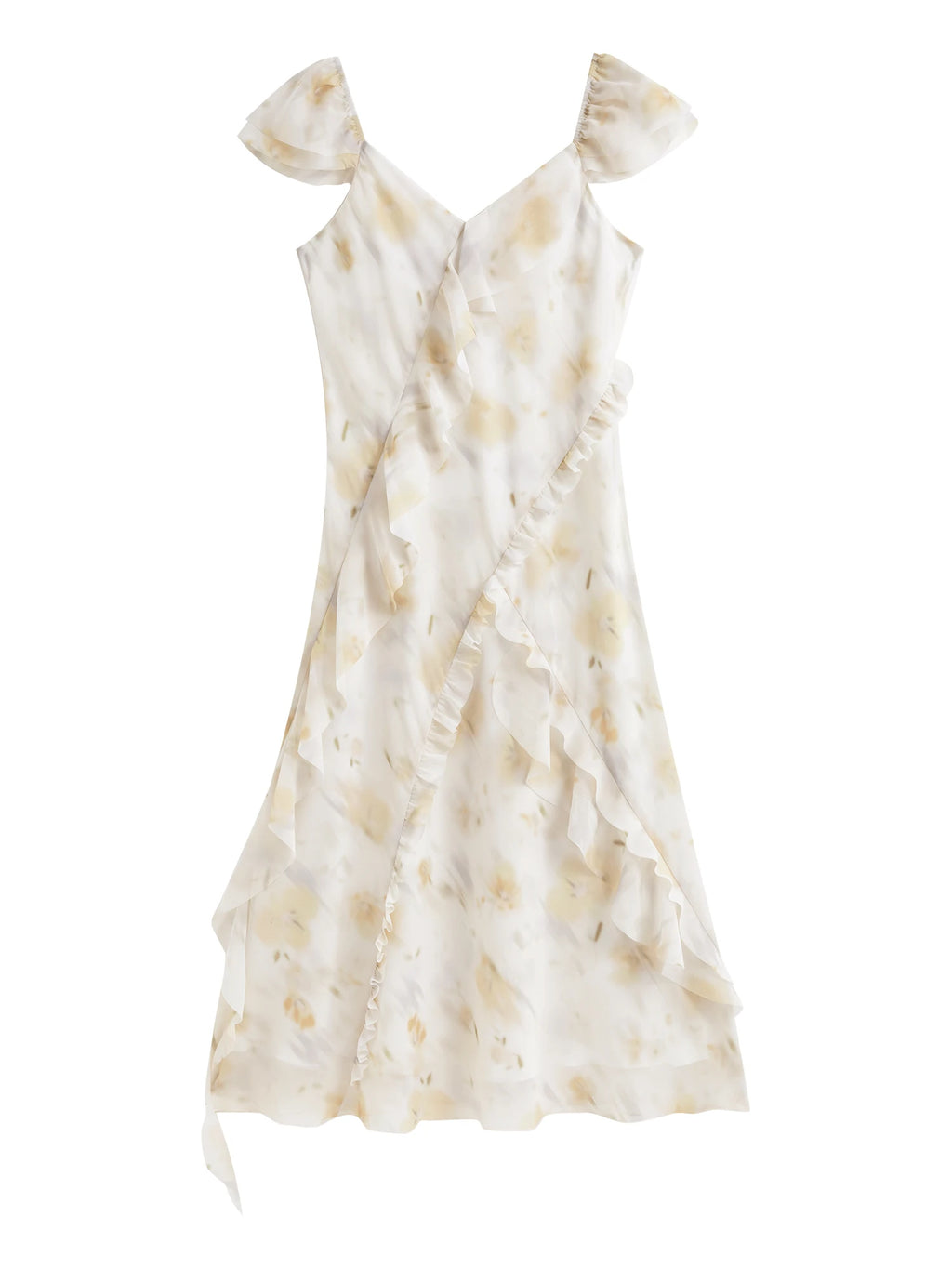 ZIQIAO【2 Vesions】Women Chiffon Strappy Long Dress 2025 Summer New Fly Sleeve Polyester Floral Dresses