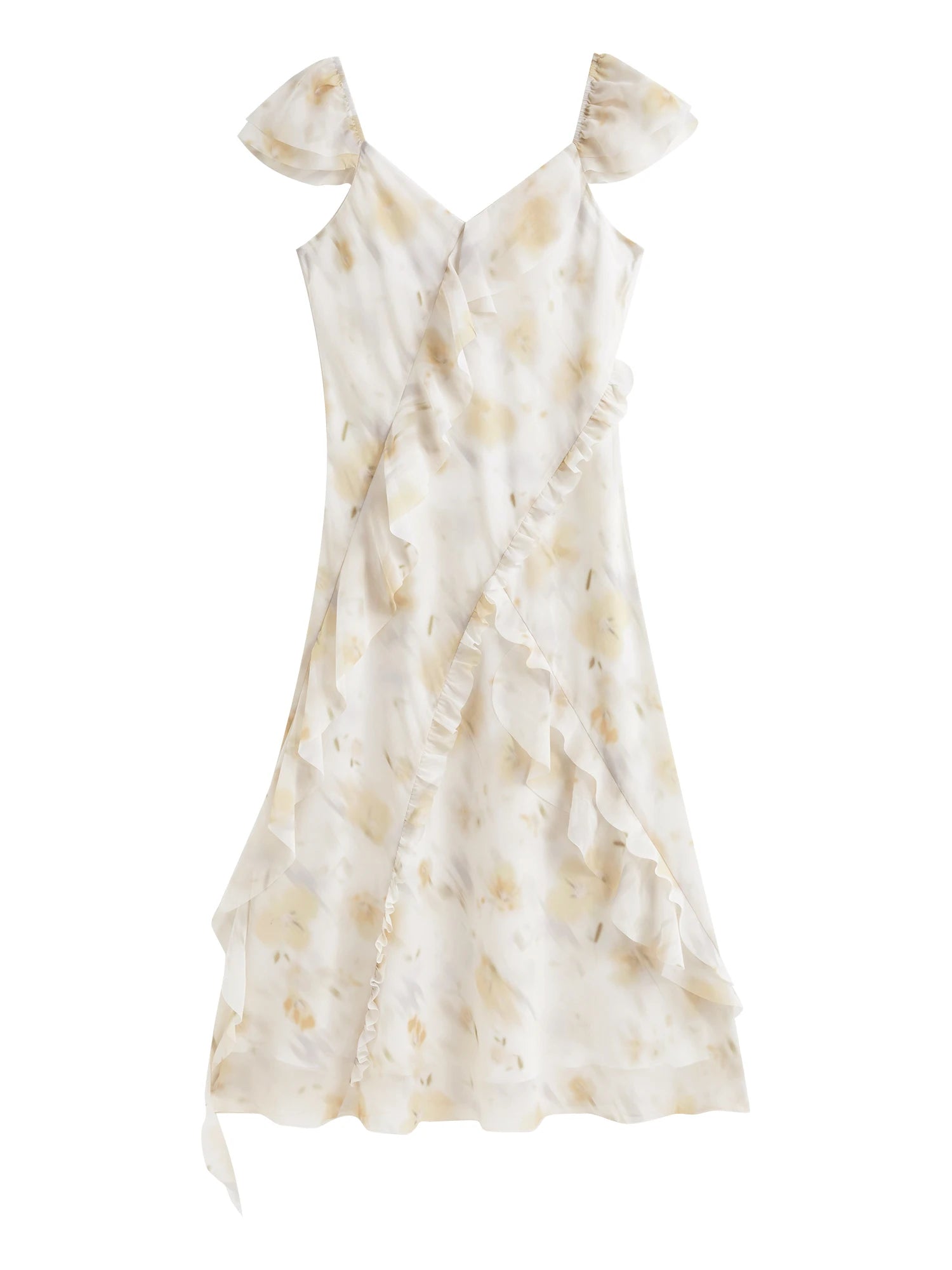 ZIQIAO【2 Vesions】Women Chiffon Strappy Long Dress 2025 Summer New Fly Sleeve Polyester Floral Dresses