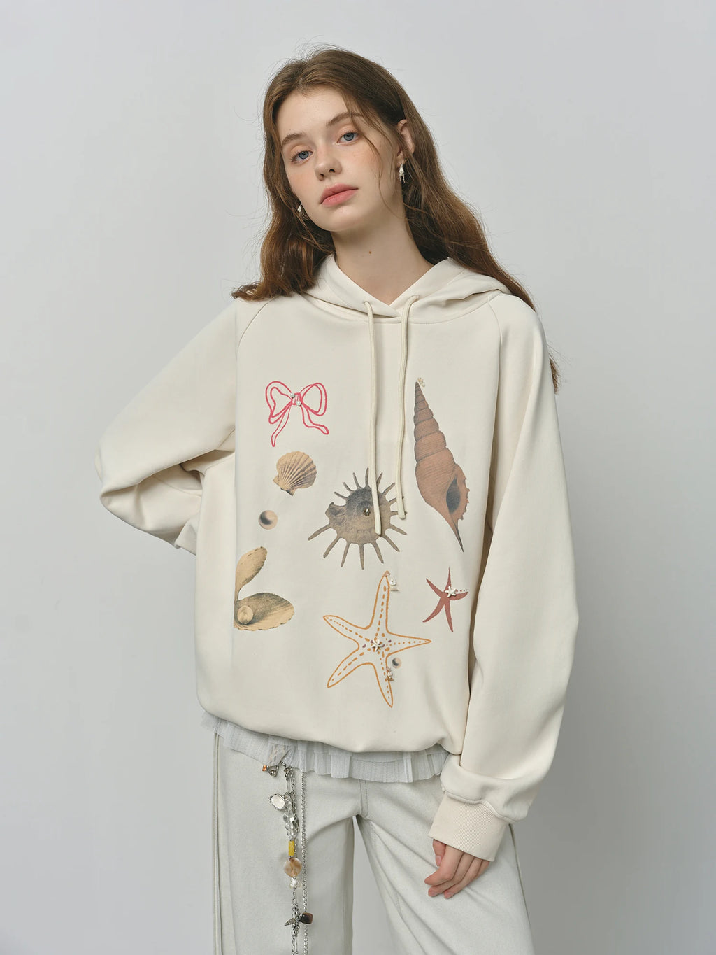 FSLE Autumn 2025 Women's Hooded Sweatshirt - Loose Fit Shell Print Embroidery Long Sleeve Pullover Casual Streetwear Top