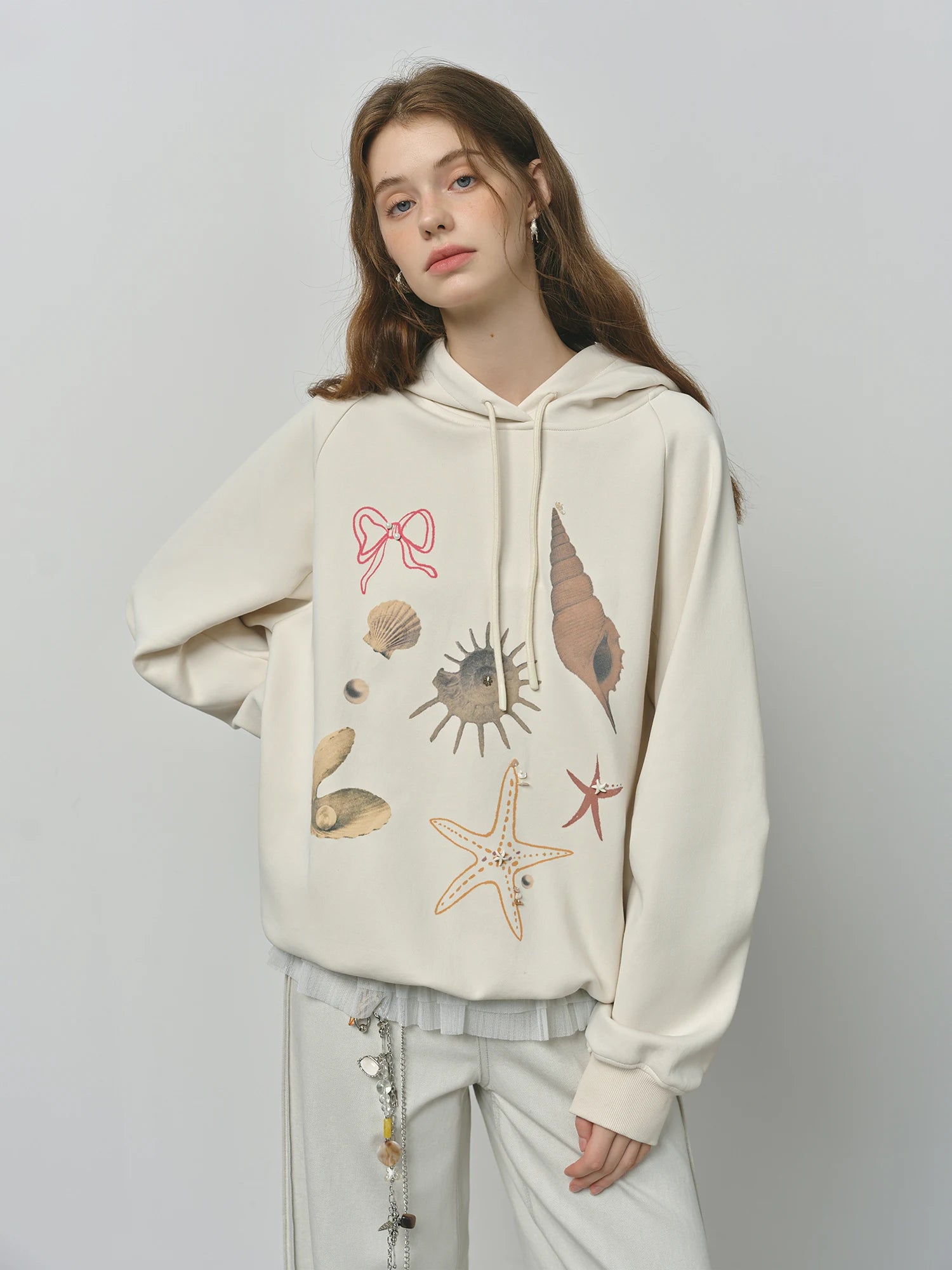 FSLE Autumn 2025 Women's Hooded Sweatshirt - Loose Fit Shell Print Embroidery Long Sleeve Pullover Casual Streetwear Top