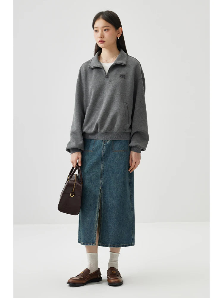 ZIQIAO Petite Cotton Casual Chic Hoodie For Women Spring 2024 New Semi Zippered Pullover Gray Women Top 24ZQ91132