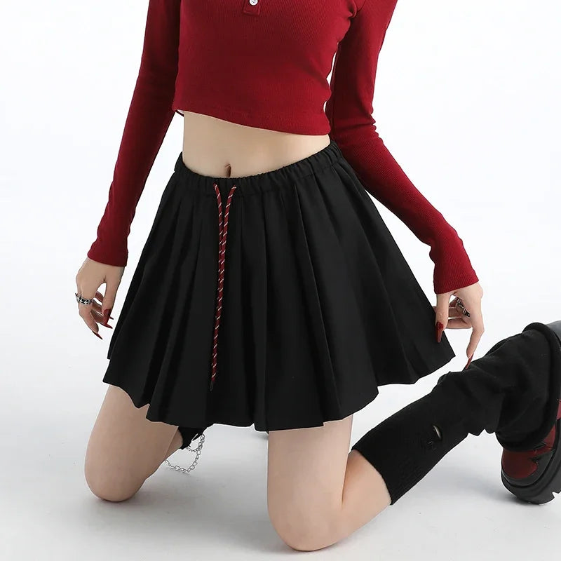 Kpop Drawstring Suit Pleated Skirt for Women Autumn Casual High Waisted Mini Skirt Women Preppy Style Slim Fit A-line Tennis Skirt