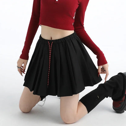 Kpop Drawstring Suit Pleated Skirt for Women Autumn Casual High Waisted Mini Skirt Women Preppy Style Slim Fit A-line Tennis Skirt