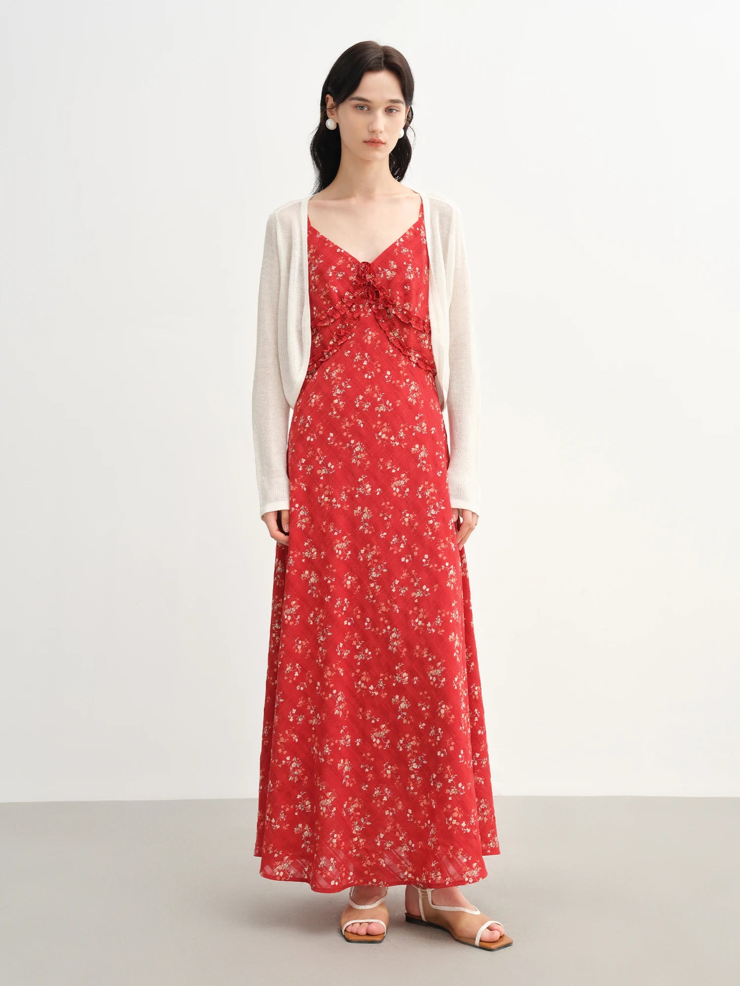 DUSHU 2025 Summer Women's Floral Checkered Maxi Dress - Curve-Flattering Ruffle Trim & A-Line Silhouette for Elegant Occasions