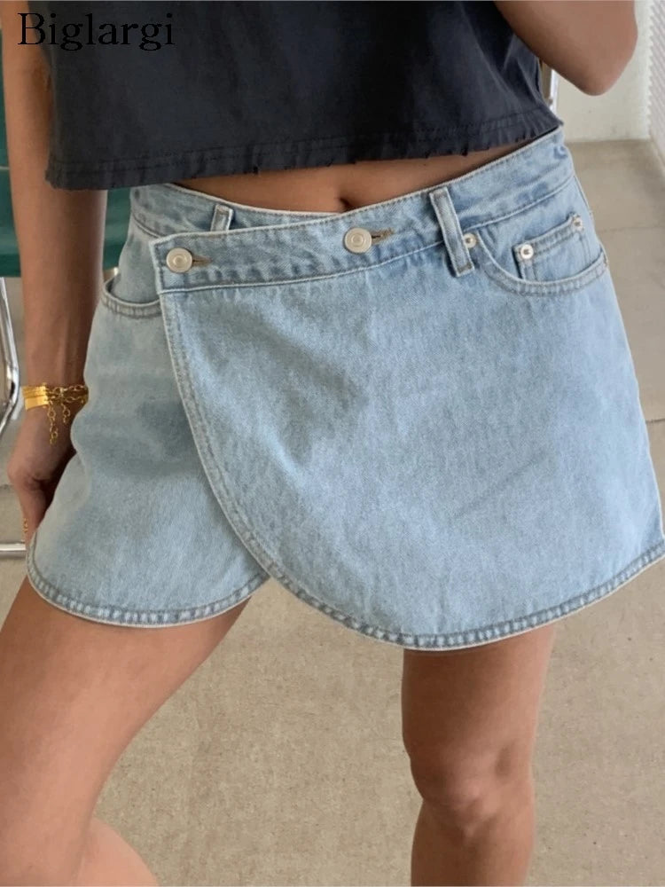 Kpop Jeans Summer Mini Denim Shorts Skirts Women Irregular Patchwork Fashion High Waist Ladies Trousers Korean Loose Woman Shorts