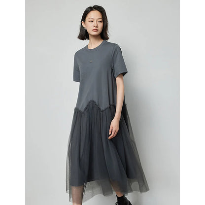 TOYOUTH Women Mesh Splicing T-Shirt Skirt 2024 Summer New Cool And Antibacterial Mid Length Skirt