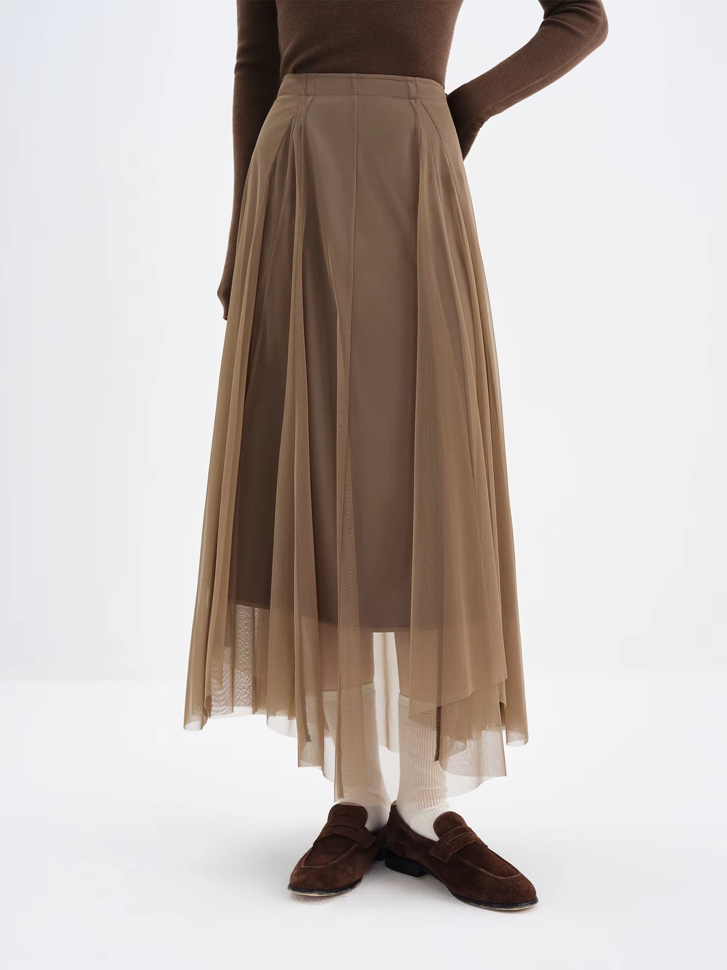 2025 Winter Women's Asymmetrical Hem A-Line Chiffon Skirt in Brown - Flowy Long Maxi Skirt with Draped Design for Casual