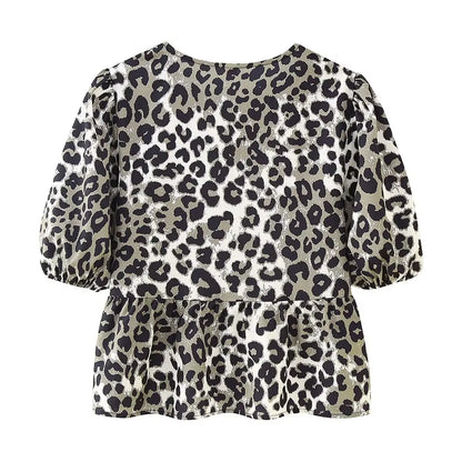 Summer Shirt With Strap Lace-up Leopard Blouse Puff Sleeve Crop Top Women's Summer Clothing