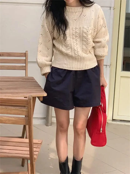 KUSAHIKI Korean Casual Retro Hollowed Out Twisted Slim Waist Short Round Neck Knitting Sweater Women Pullover Knitwear Top