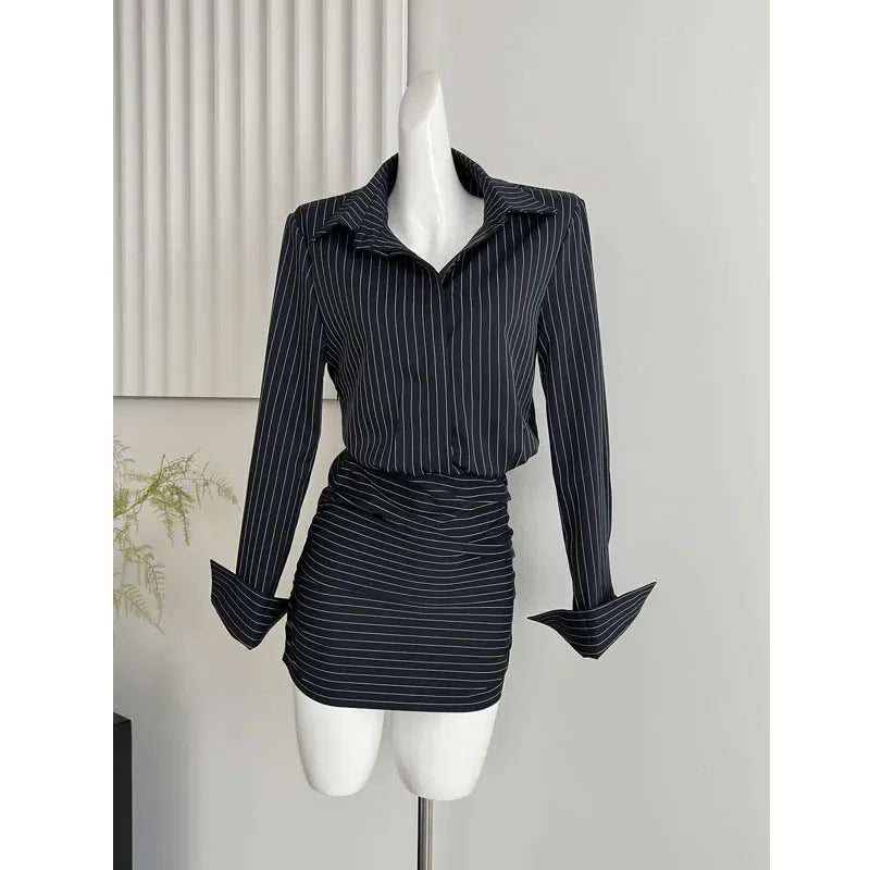 2024 Autumn Office Siren Deconstructed Large Women's Striped Shirt Dress Waist-Fitted Single-Breasted Mini Dress