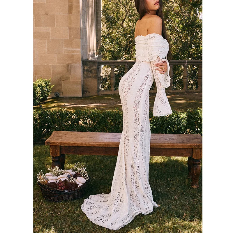 Elegant Off-Shoulder Lace Maxi Dress with Flared Sleeves and High-Low Hem