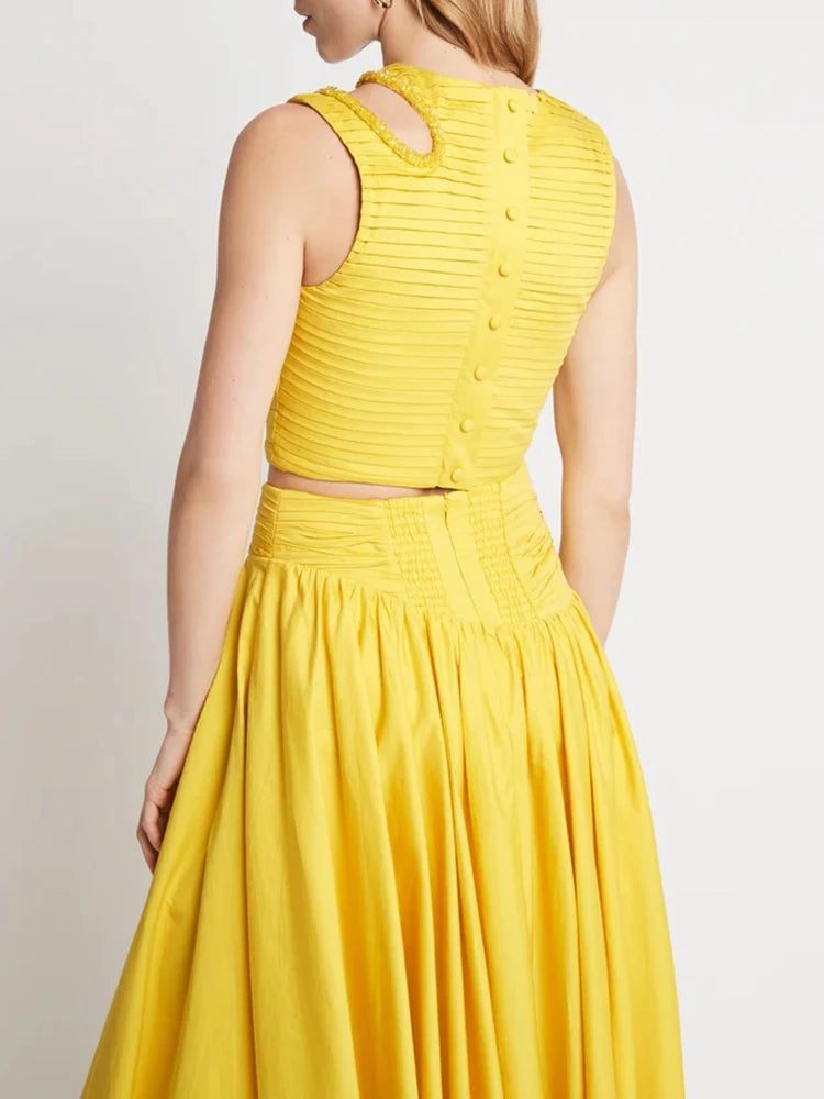 VGH Slim Two Piece Sets For Women Round Neck Sleeveless Hollow Out Pleat Crop Tops Irregular Hem Pleated Skirt Solid Set Female