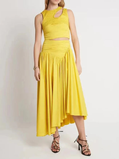 VGH Slim Two Piece Sets For Women Round Neck Sleeveless Hollow Out Pleat Crop Tops Irregular Hem Pleated Skirt Solid Set Female
