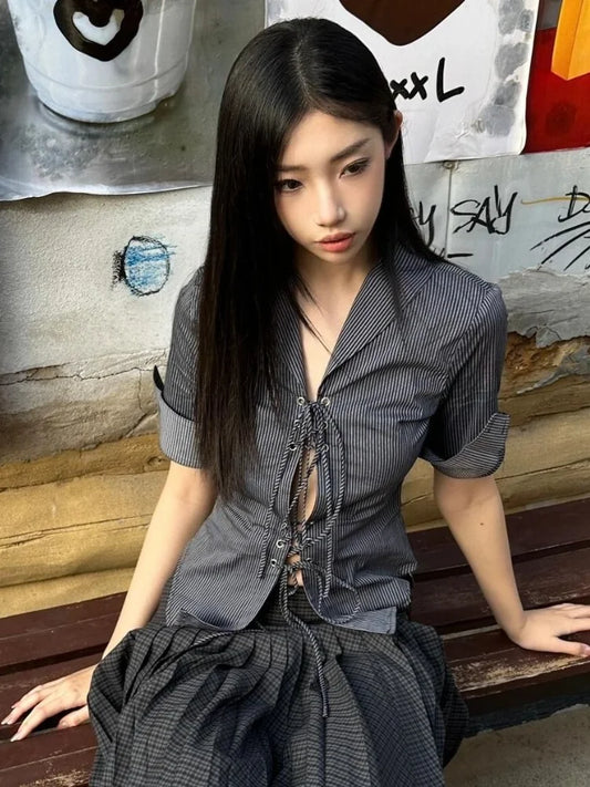 HOUZHOU Vintage Sexy Coquette Blouses Women Korean Style Punk Streetwear Striped Print Bandage Hollow Out Slim Shirts 2024 Y2k