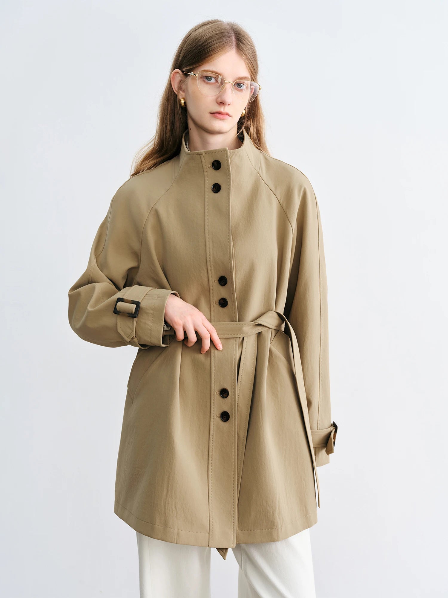 ZIQIAO Retro Style Stand Collar Mid-length Trench Long Jacket For Women 2025 New Arrival Short Khaki Coat