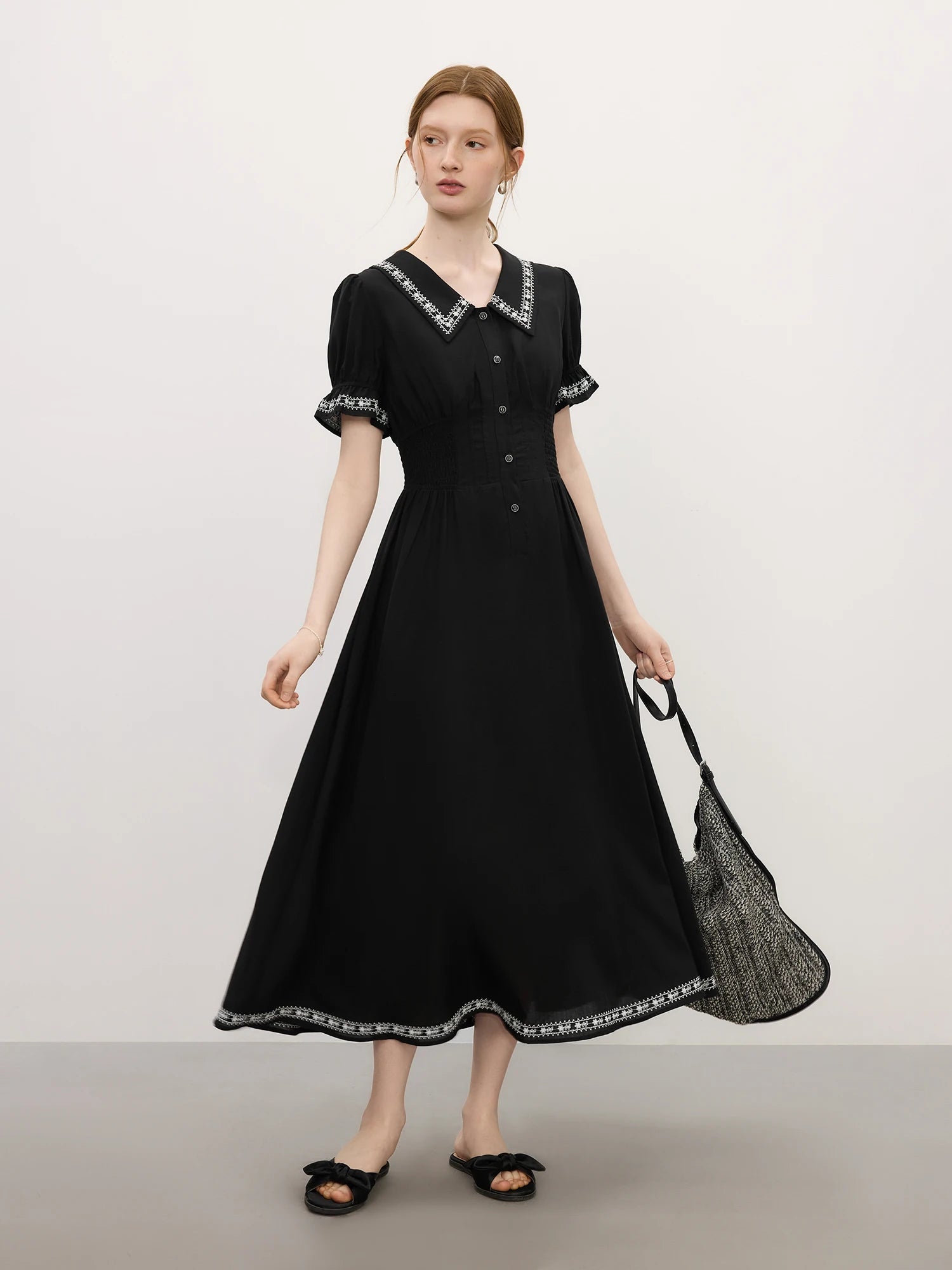 FSLE Tencel Linen Elegant Commuting French Audrey Hepburn Style Women's 2025 Summer Short Sleeve Little Black Dress