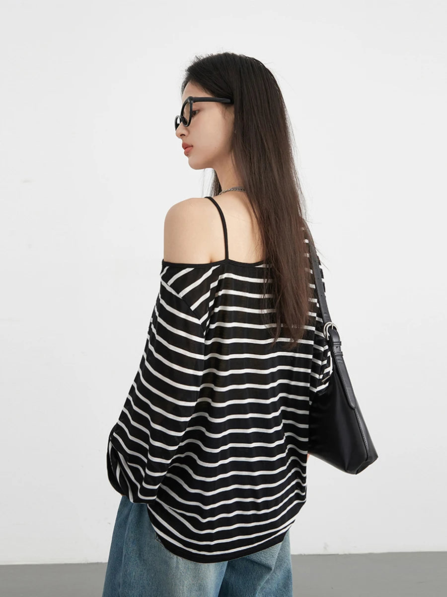 CHIC VEN Women T-shirts Korean Casual Long Sleeve Striped Thin Knitted T-shirt Fashion Design Tops Female Clothing Autumn 2024