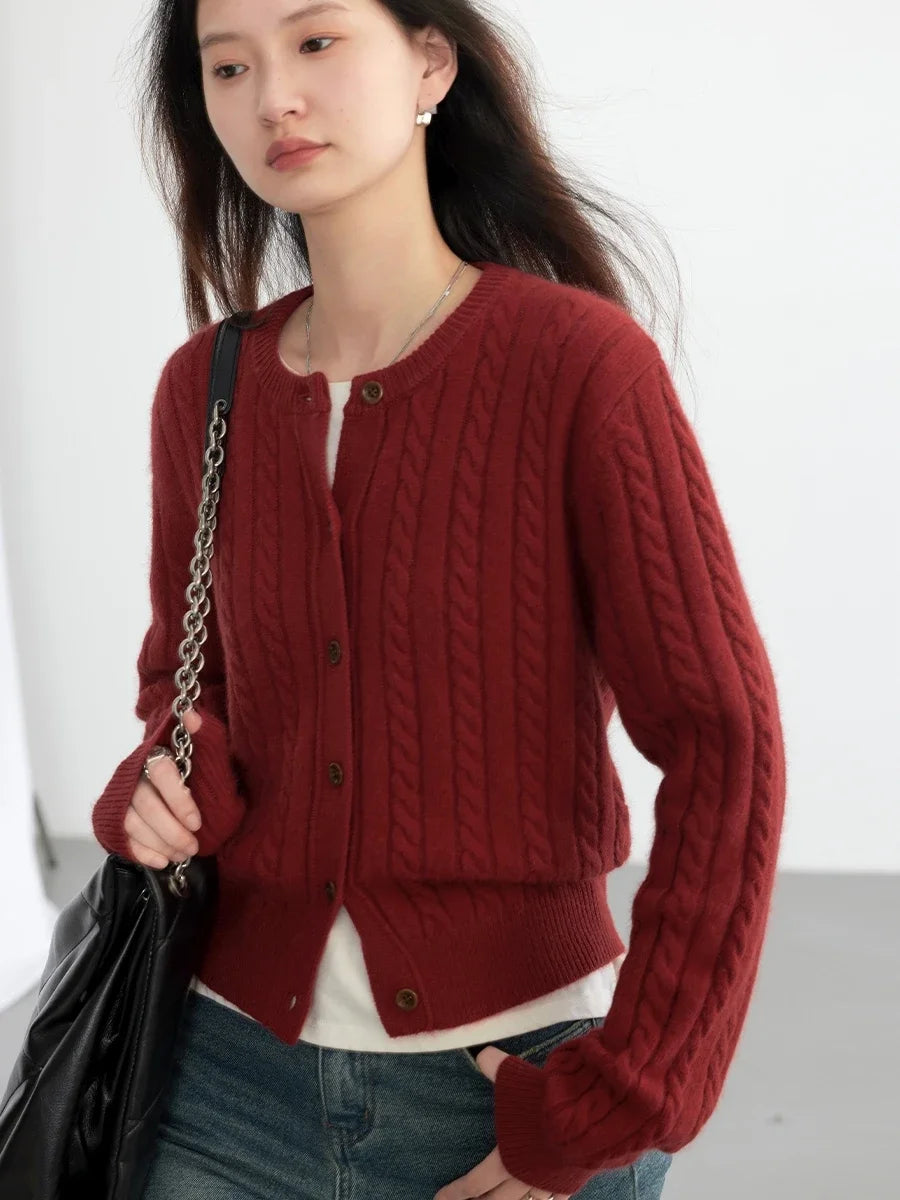 CHIC VEN Women Cardigan Casual Red O Neck Twisted Single Breasted Female Knitted Sweaters Ladies Jumpers Spring Autumn 2024