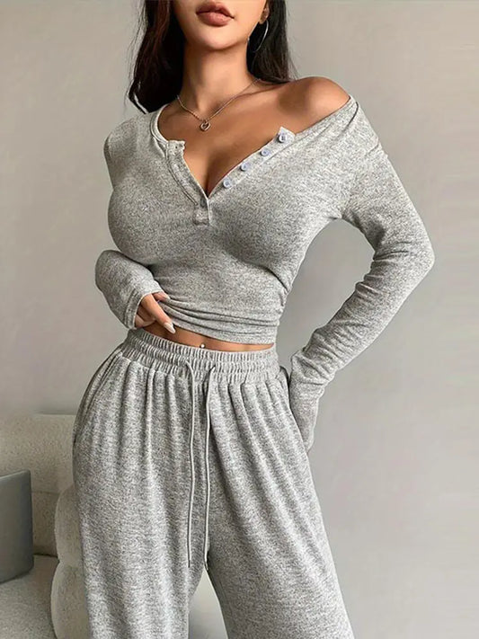 Women Two Piece Sets Pajama Set Sexy V-neck Long Sleeve Shirts Loose High Waist Wide Leg Pant Sets Lady Sleepwear Tracksuits