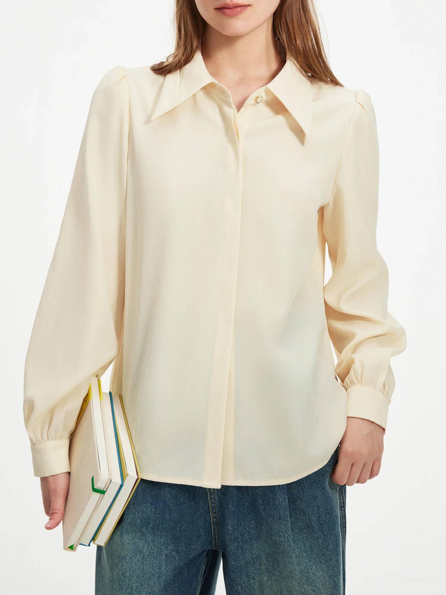 FSLE Women White Long Sleeve Blouse Polo Neck Puff Sleeve Temperament White Shirt Yellow Loose Single Breasted Tops 24FS13330