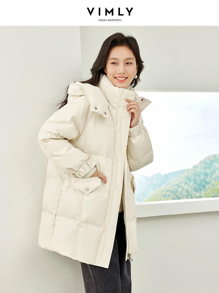VIMLY Women's Office Lady Down Jacket Winter White Duck Down Jacket Casual Loose Warm Parka Simple Hooded Bread Coat Trendy