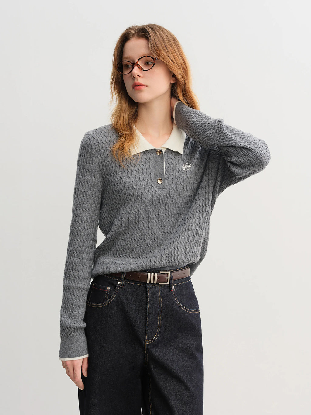DUSHU 2025 Women's Knit Rib Collar Top - Relaxed Fit Polo Style Versatile Pullover Autumn Casual Blouse Textured Fabric