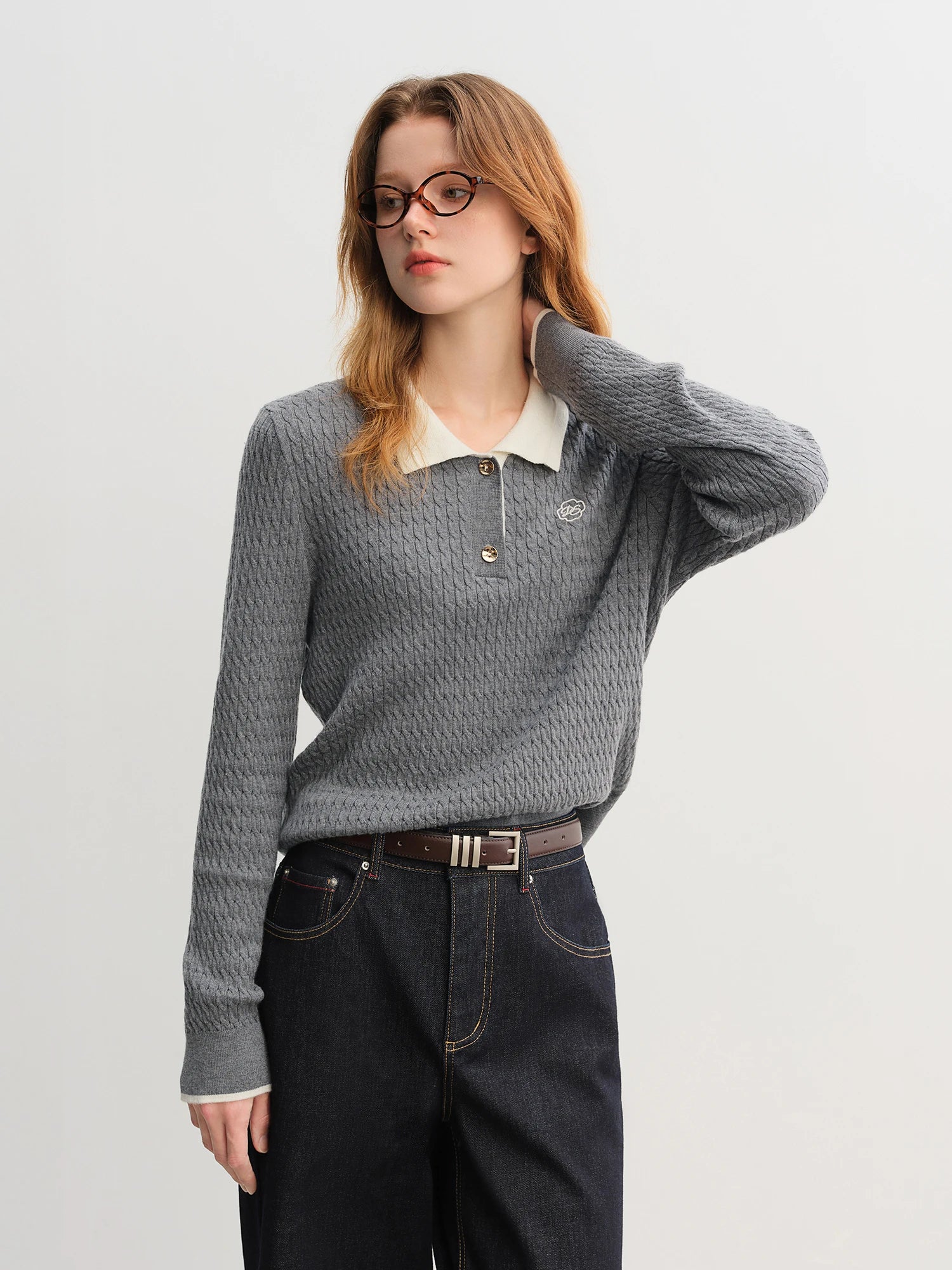 DUSHU 2025 Women's Knit Rib Collar Top - Relaxed Fit Polo Style Versatile Pullover Autumn Casual Blouse Textured Fabric
